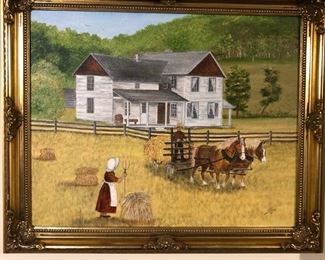 Signed Larson for Evelyn Larson of Westby oil on canvas of early farmstead. 