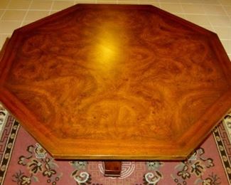 Weiman Heirloom Quality burled walnut coffee table. Art Deco style, from mid-century. Sturdy pedestal base.  