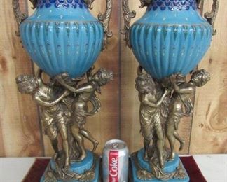 Super Pair of Urns w/Brass Ladies