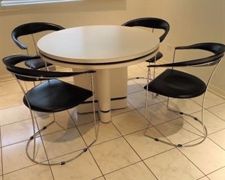 Amazing 80s post modern laminate dining table w/ 4 leather and stainless steel dining chairs
