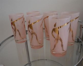 Mid Century Federal Harlequinn Dancers Highball Glasses Pink And Gold 
