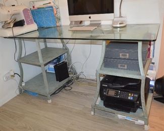 Glass Top Desk with 2 Metal Side Shelves
