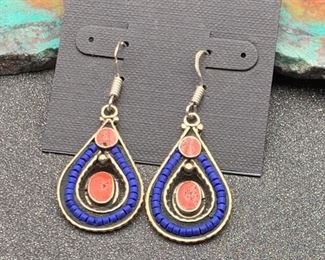 Silver and brass earrings from Tibet with coral and blue glass beads