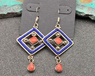 Silver and brass earrings from Tibet with coral and blue glass beads