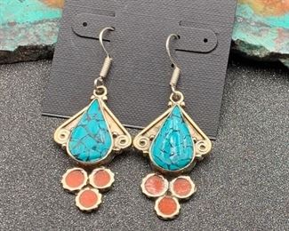 Silver and brass earrings from Tibet with turquoise and coral