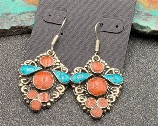Silver and brass earrings from Tibet with turquoise and coral