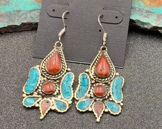 Silver and brass earrings from Tibet with turquoise and coral