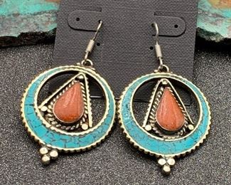 Silver and brass earrings from Tibet with turquoise and coral