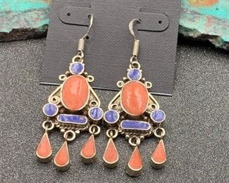 Silver and brass earrings from Tibet with coral and lapis