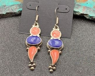 Silver and brass earrings from Tibet with coral and lapis