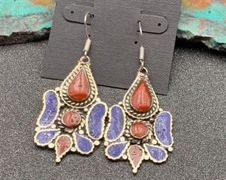 Silver and brass earrings from Tibet with coral and lapis