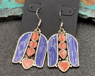Silver and brass earrings from Tibet with coral and lapis