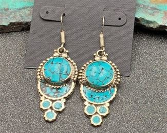 Silver and brass earrings from Tibet with turquoise