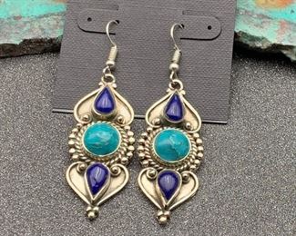 Silver and brass earrings from Tibet with turquoise and lapis