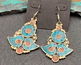 Silver and brass earrings from Tibet with turquoise and coral