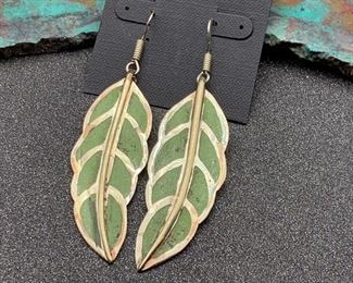 Brass earrings from Tibet with green