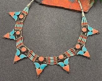 Silver and brass necklace from Tibet with turquoise and coral