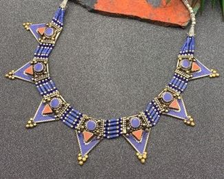 Silver and brass necklace from Tibet with lapis and coral