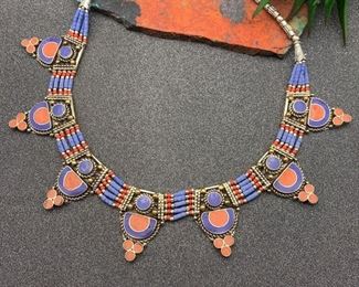 Silver and brass necklace from Tibet with coral and lapis