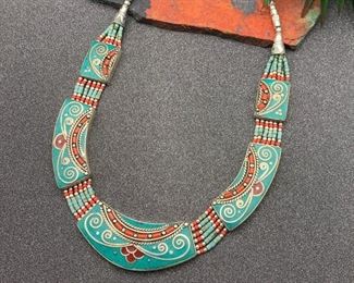Silver and brass necklace from Tibet with turquoise and coral