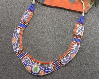 Silver and brass necklace from Tibet with lapis, coral and turquoise