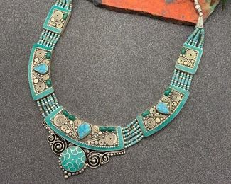 Silver and brass necklace from Tibet with turquoise