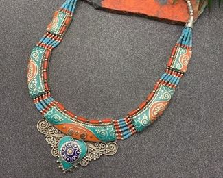 Silver and brass necklace from Tibet with turquoise, coral and lapis