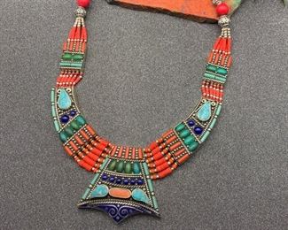 Silver and brass necklace from Tibet with turquoise, coral, lapis and jade