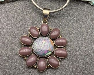 Silver and brass multi-stone pendant with snake chain from Tibet