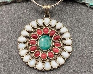 Silver and brass multi-stone pendant with snake chain from Tibet