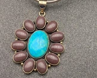 Silver and brass multi-stone pendant with snake chain from Tibet