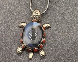 Silver and brass multi-stone turtle pendant with snake chain from Tibet (spots are from the light box)