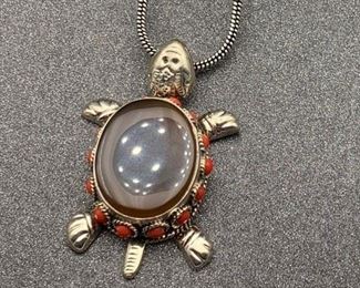 Silver and brass multi-stone turtle pendant with snake chain from Tibet (spots are from the light box)