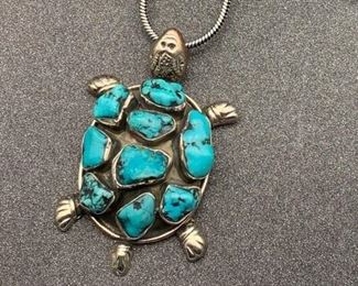 Silver and brass turquoise nugget turtle pendant with snake chain from Tibet