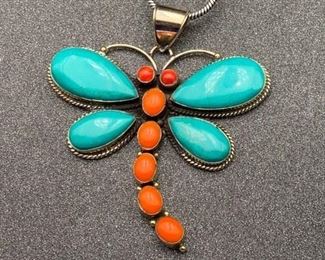 Silver and brass multi-stone dragonfly pendant with snake chain from Tibet