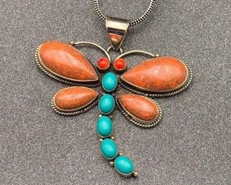 Silver and brass multi-stone dragonfly pendant with snake chain from Tibet