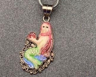 Silver and brass mermaid pendant with snake chain from Tibet