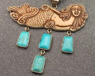 Silver and brass mermaid pendant with turquoise dangles and snake chain from Tibet