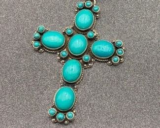 Silver and brass turquoise cross pendant with snake chain from Tibet
