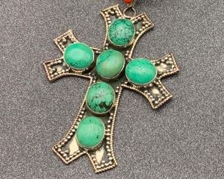 Silver and brass cross pendant with coral accent and snake chain from Tibet