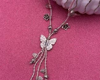 Fine silver butterfly lariat necklace with flowers and leaves from Thailand