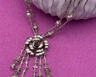 Fine silver adjustable floral necklace with fish, leaf and floral beaded dangles from Thailand