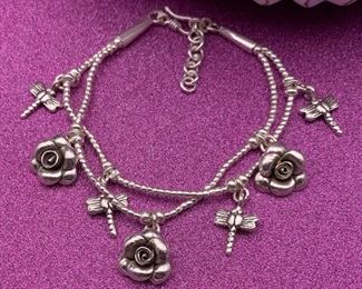 Fine silver adjustable floral and dragonfly charm bracelet from Thailand