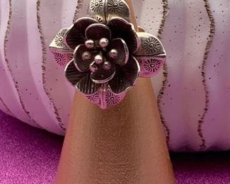 Fine silver adjustable floral statement ring from Thailand
