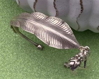 Fine silver leaf cuff bracelet with tassel dangle from Thailand