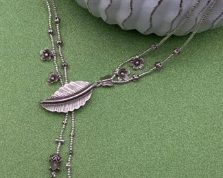 Fine silver leaf, floral and butterfly lariat necklace from Thailand
