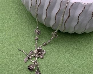 Fine silver leaf necklace with floral, butterfly and dragonfly accents from Thailand