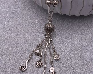 Fine silver lariat necklace with floral, shell, turtle and seahorse beaded dangles from Thailand
