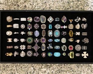 Sterling silver rings, many with genuine stones