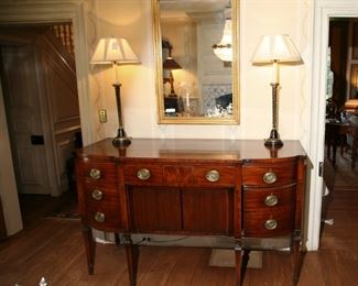 "HEPPLEWHITE" MAHOGANY SIDEBOARD OF THE PERIOD , GREAT DEPTH OF BODY, TAMBOURED CENTER STORAGE, GALLERIED SHELVES, DEEP CELLARETTE  AND SILVER DRAWERS